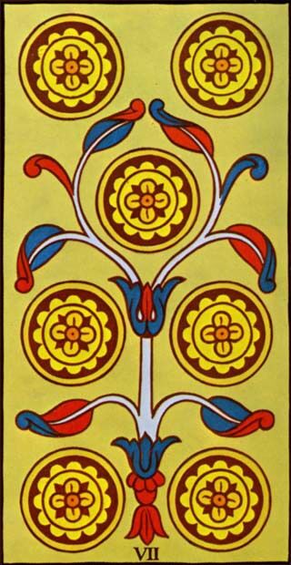 Seven of Coins from the Marseilles Pattern Tarot Deck