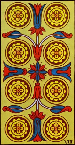 Eight of Coins from the Marseilles Pattern Tarot Deck