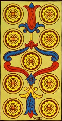 Read about Nine of Coins from the Marseilles Pattern Tarot Deck