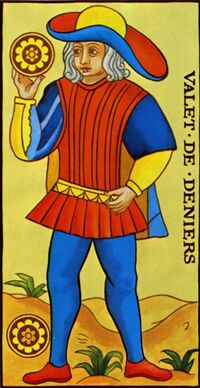 Read about Page of Coins from the Marseilles Pattern Tarot Deck
