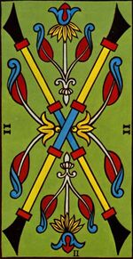 Two of Clubs from the Marseilles Pattern Tarot Deck