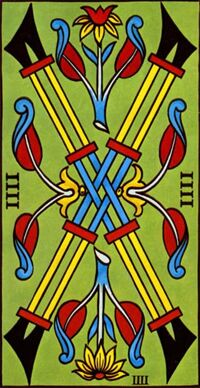 Read about Four of Clubs from the Marseilles Pattern Tarot Deck