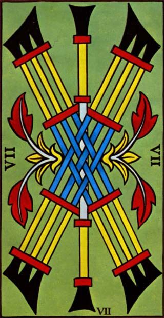 Seven of Clubs from the Marseilles Pattern Tarot Deck