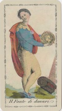 Read about Page of Coins from the Ancient Tarot of Lombardy Deck