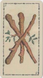 Three of Clubs from the Ancient Tarot of Lombardy Tarot Deck