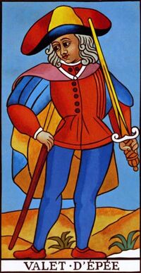 Read about Page of Swords from the Marseilles Pattern Tarot Deck