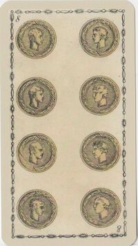 Read about Eight of Coins from the Ancient Tarot of Lombardy Deck