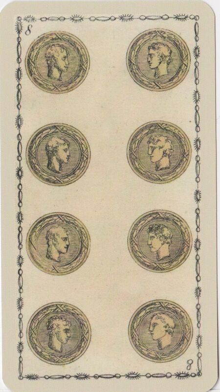 Eight of Coins from the Ancient Tarot of Lombardy Deck