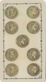 Nine of Coins from the Ancient Tarot of Lombardy Tarot Deck