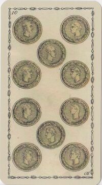 Ten of Coins from the Ancient Tarot of Lombardy Tarot Deck