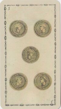 Read about Five of Coins from the Ancient Tarot of Lombardy Deck