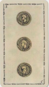 Three of Coins from the Ancient Tarot of Lombardy Tarot Deck