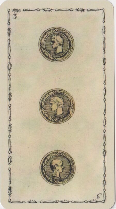 Three of Coins from the Ancient Tarot of Lombardy Deck