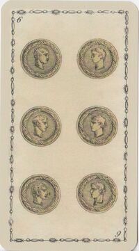 Six of Coins from the Ancient Tarot of Lombardy Tarot Deck