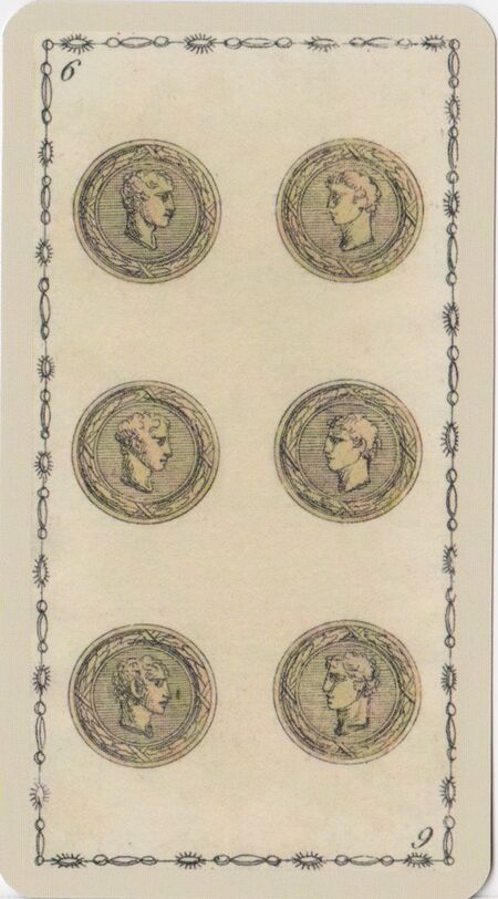 Six of Coins from the Ancient Tarot of Lombardy Deck