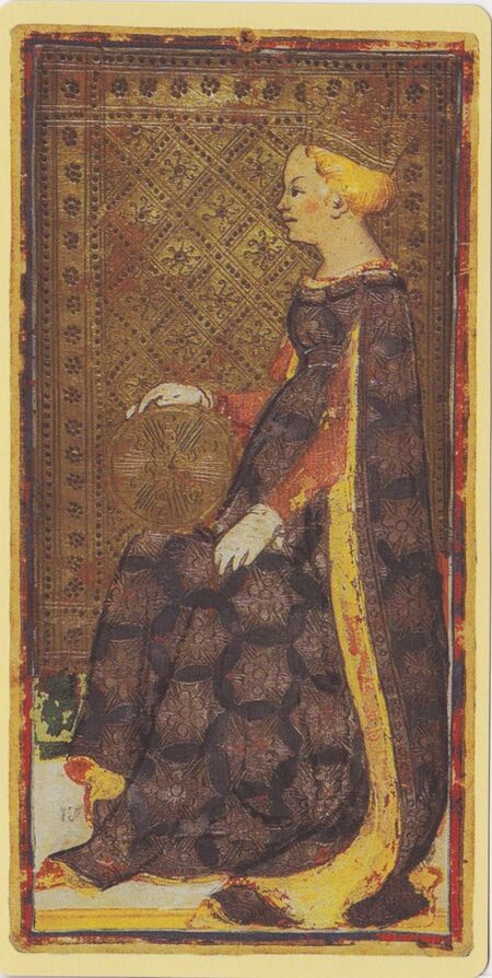 Queen of Coins from the Visconti B Tarot Deck Fragment Deck