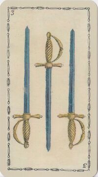 Read about Three of Swords from the Ancient Tarot of Lombardy Deck