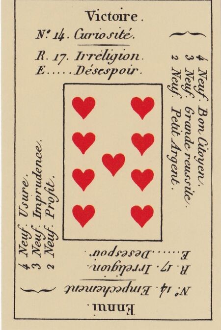 Nine of Hearts from the Petit Etteilla Cartomancy Deck