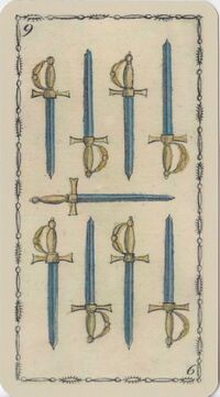 Read about Nine of Swords from the Ancient Tarot of Lombardy Deck
