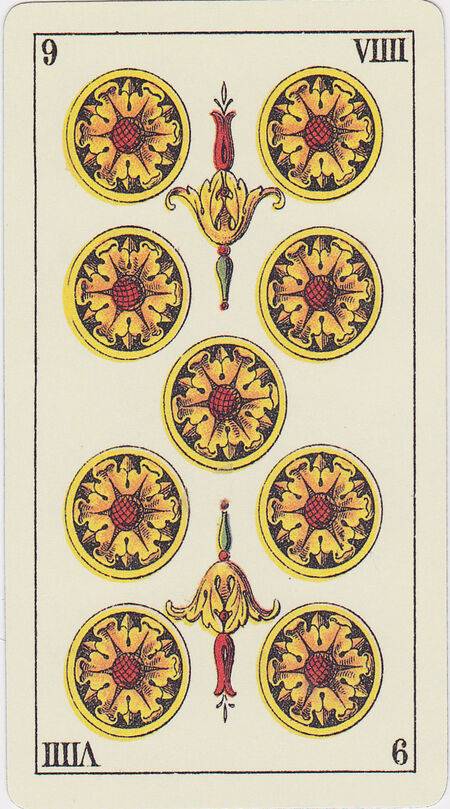 Nine of Coins from the Tarot Genoves Tarot Deck