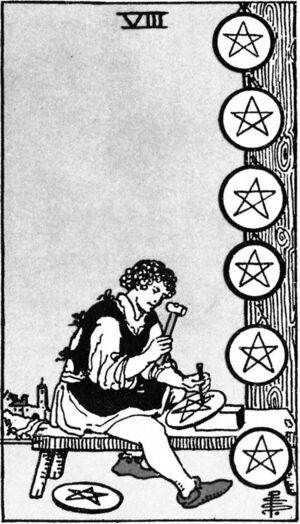 Eight of Pentacles from the Waite Smith Tarot Deck