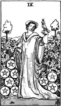 Nine of Pentacles from the Waite Smith Tarot Deck