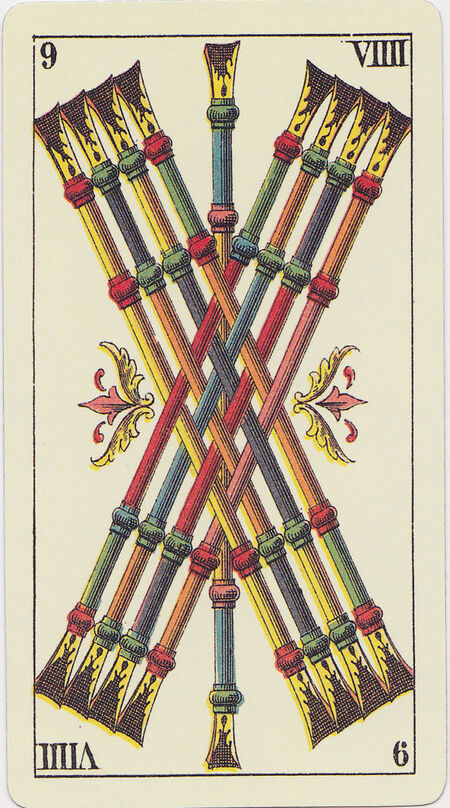 Nine of Clubs from the Tarot Genoves Deck