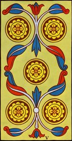 Five of Coins from the Marseilles Pattern Tarot Deck