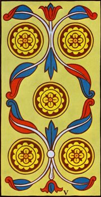 Read about Five of Coins from the Marseilles Pattern Tarot Deck