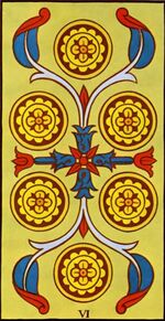 Six of Coins from the Marseilles Pattern Tarot Deck